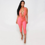 Women Fitted Cowl Neck Halter Neck Low Back Top Tight Fitting Capri Pants Two-Tone Set
