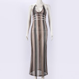 Women Color Block Patchwork Sexy Hollow Out Stretch Fitted Halter Neck Bodycon Dress