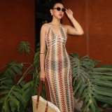 Women Color Block Patchwork Sexy Hollow Out Stretch Fitted Halter Neck Bodycon Dress