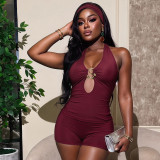 Women Solid Color Halter Neck Tie Cami Top Tight Fitting Shorts Two-Piece Set
