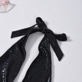 Women Faux Leather Halter Neck Low Back Sexy Hollow Out Tight Fitting Jumpsuit