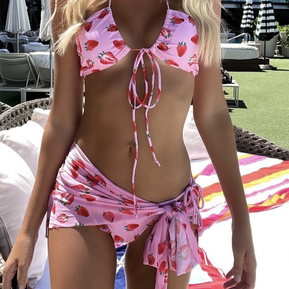 Mesh Drawstring Lace-Up Three-Piece Bikini Swimsuit