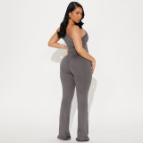 Summer Women Solid Color Slash Shoulder Hollow Out Open Waist Jumpsuit