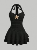 Women Elegant Textured Fabric Halter Neck Tie Mini Dress With Metal Starfish Decoration