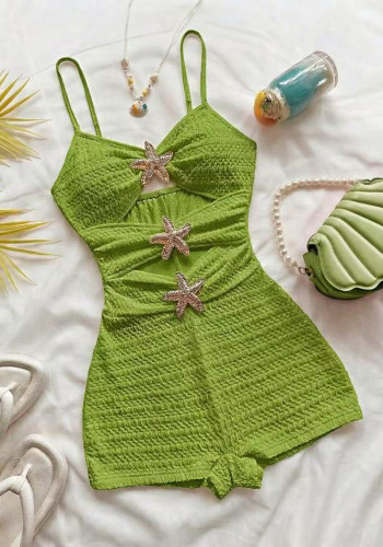 Women Textured Ruched Strap One-Piece Swimsuit Hollow Out Slim Waist With Starfish Decoration Spa Holiday Swimsuit