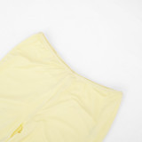 Women Solid Color V-Neck Ruffled Short Sleeve Top Tight Fitting Capri Pants Two-Piece Set