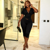 Women Solid Color V-Neck Ruffled Short Sleeve Top Tight Fitting Capri Pants Two-Piece Set