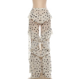 Summer Women Polka Dot Printed Lace-Up Patchwork Ruffled Bell Bottom Pants