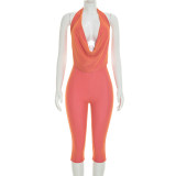 Women Fitted Cowl Neck Halter Neck Low Back Top Tight Fitting Capri Pants Two-Tone Set