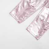 Women Shiny Slash Shoulder Sexy Low Back Tight Fitting Capri Jumpsuit