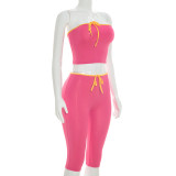 Women Sleeveless Sexy Crop Strapless Top Tight Fitting Capri Pants Color Block Set