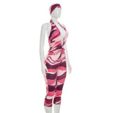 Women Deep V Printed Halter Neck Tight Fitting Capri Jumpsuit Two-Piece Set