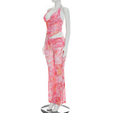 Summer Women Sexy Metallic Halter Neck Pink Printed Low Back Jumpsuit