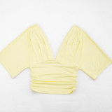 Women Solid Color V-Neck Ruffled Short Sleeve Top Tight Fitting Capri Pants Two-Piece Set