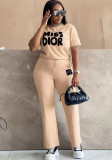 Summer Women Short Sleeve Round Neck Letter Embroidered Color Block Casual Tracksuit Two-Piece Set