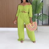 Women Short-Sleeve Ruffled Tie-Waist Top and Pant Two-Piece Set