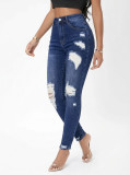 Women Ripped Denim Tight Pants With Fringe