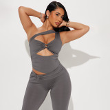 Summer Women Solid Color Slash Shoulder Hollow Out Open Waist Jumpsuit