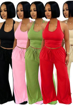 Summer Women Casual Street Halter Top & High Waist Wide Leg Pants Set Summer Women Casual Street Halter Top & High Waist Wide Leg Pants Set