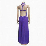 Summer Women Sexy Low Back Deep V Plunge Beaded Long Dress