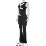 Summer Women Solid Color Slash Shoulder Hollow Out Open Waist Jumpsuit