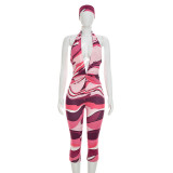 Women Deep V Printed Halter Neck Tight Fitting Capri Jumpsuit Two-Piece Set