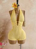 Women Stripe Halter Neck Deep V Hollow Out Knit Romper