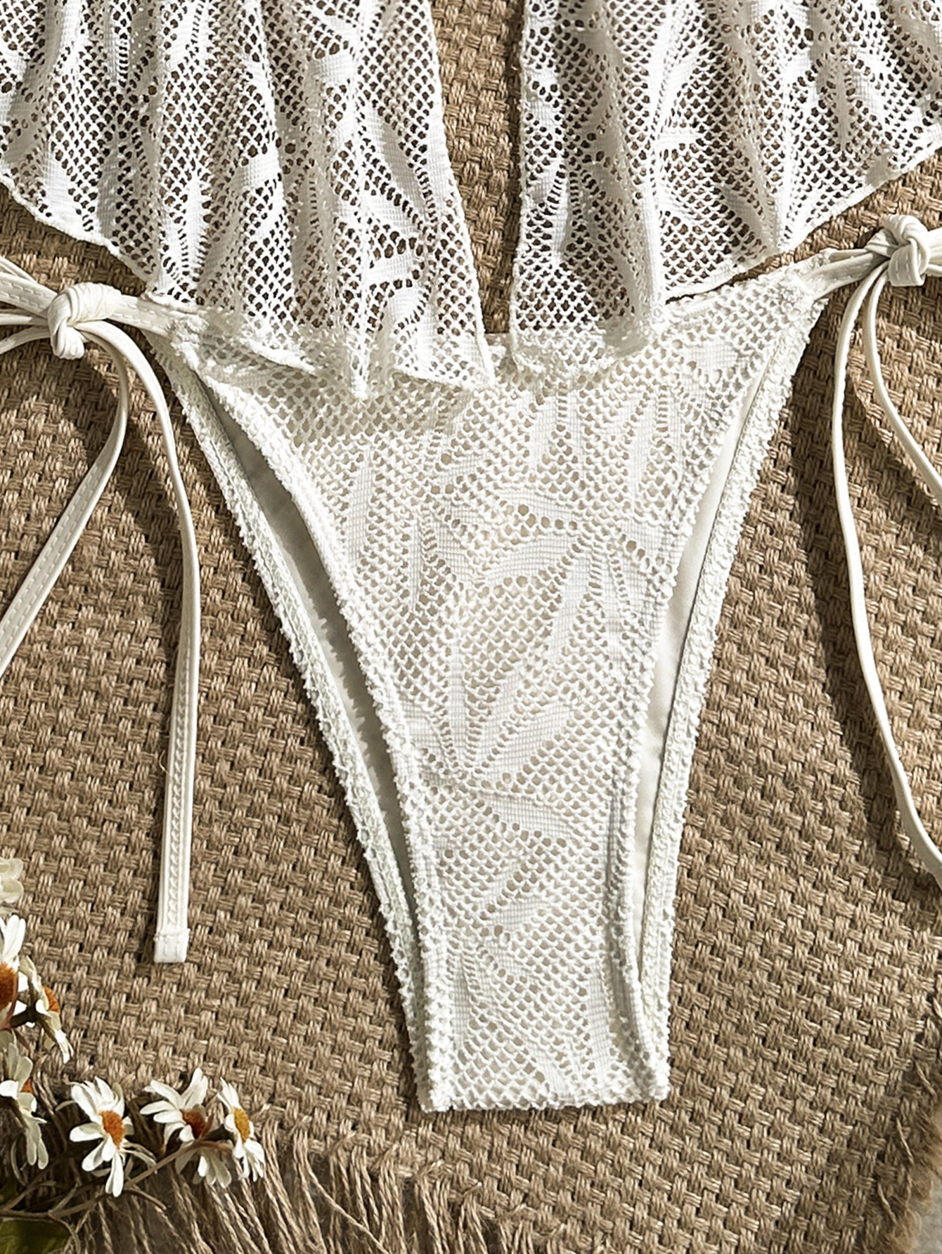 Crochet Hollow-Out Halter Tie-Waist Two-Piece Bikini for Summer