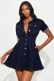 Women Casual Turndown Collar Denim Dress