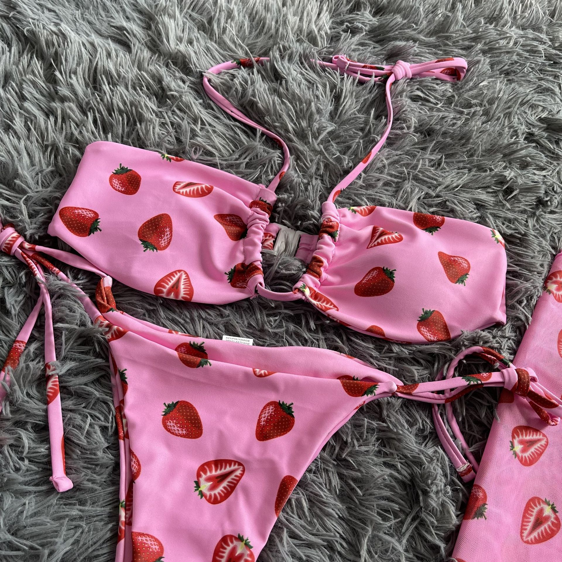 Mesh Drawstring Lace-Up Three-Piece Bikini Swimsuit