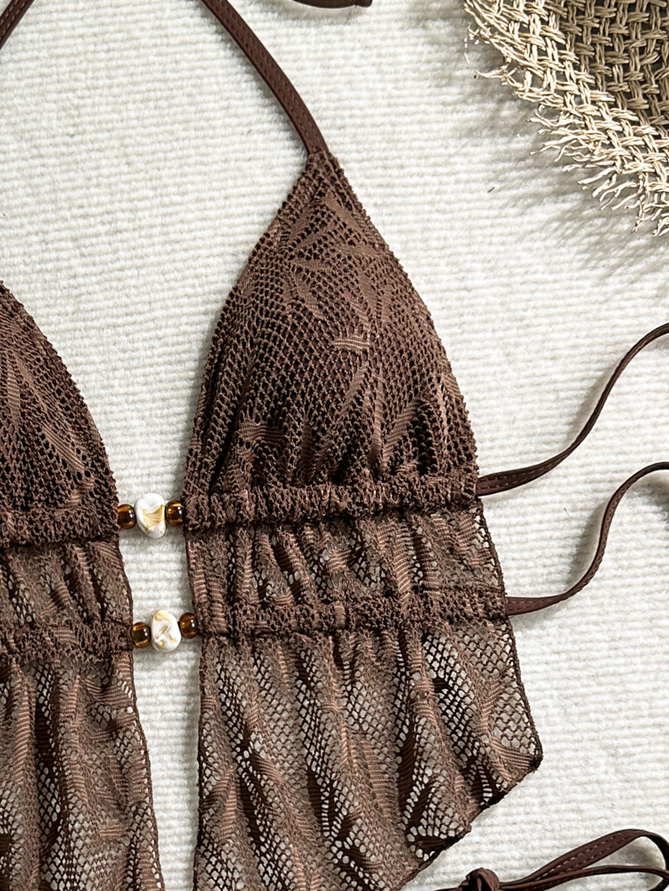 Crochet Hollow-Out Halter Tie-Waist Two-Piece Bikini for Summer