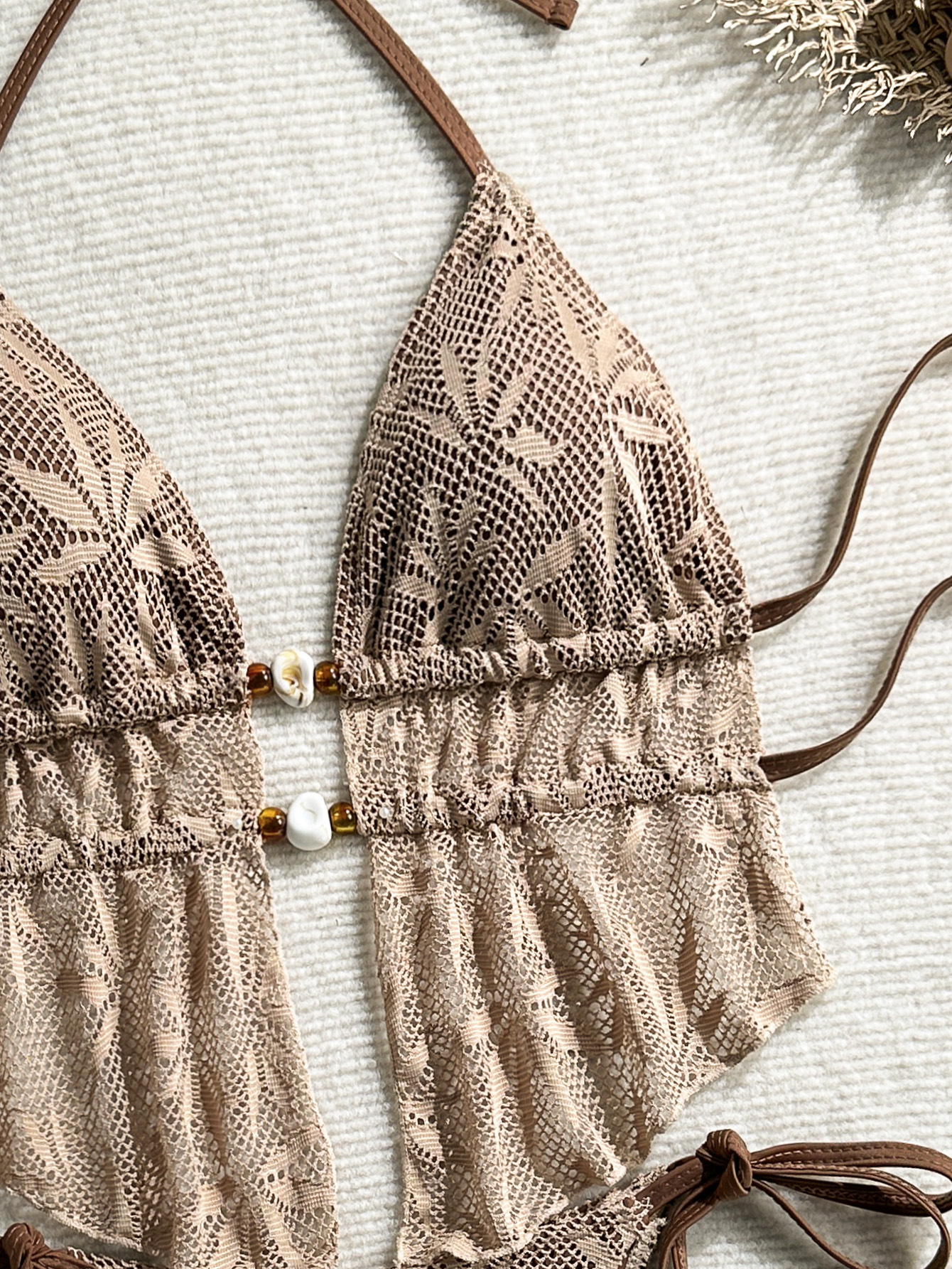 Crochet Hollow-Out Halter Tie-Waist Two-Piece Bikini for Summer