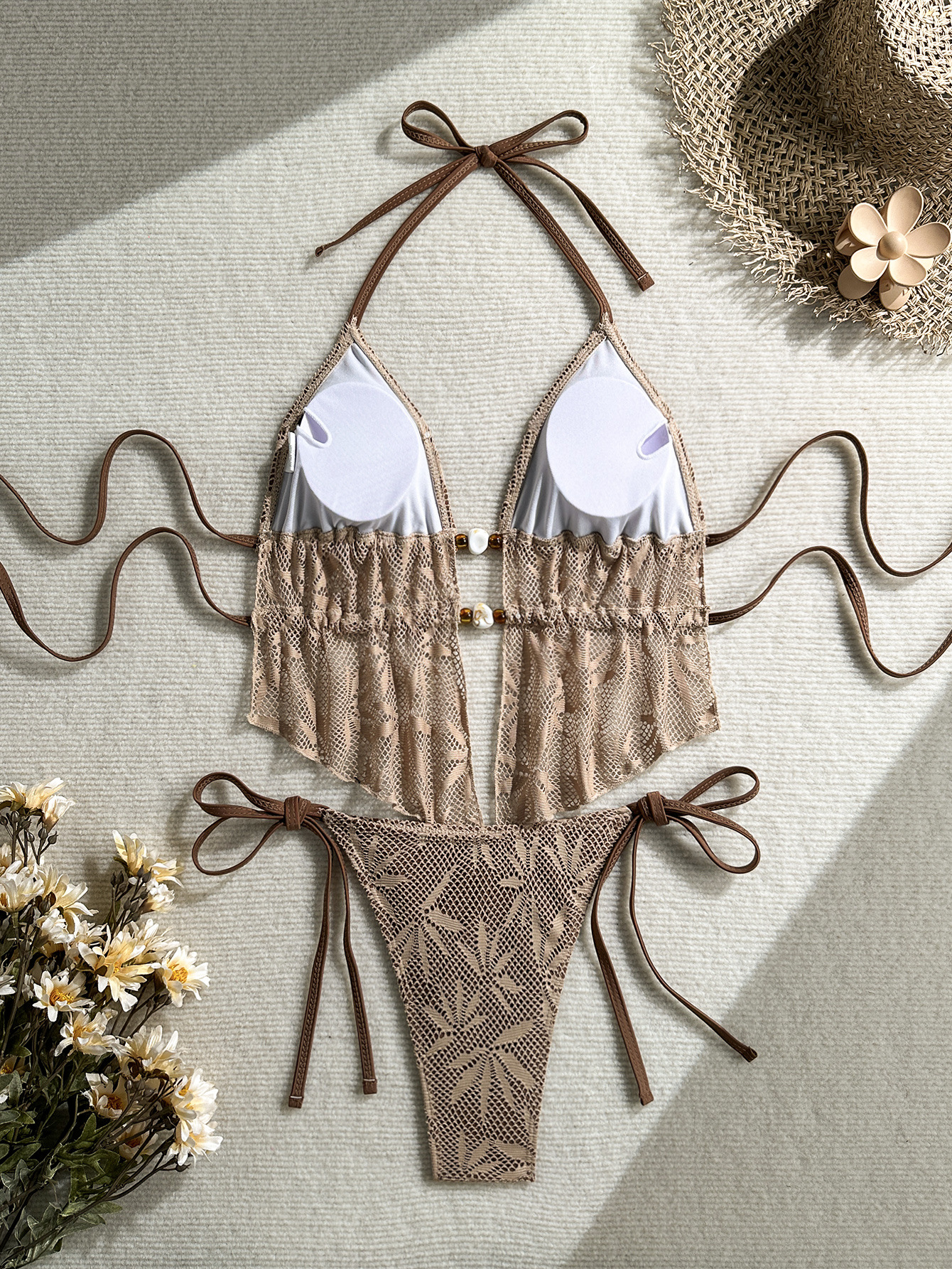 Crochet Hollow-Out Halter Tie-Waist Two-Piece Bikini for Summer