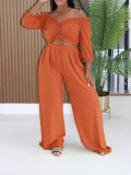 Women Short-Sleeve Ruffled Tie-Waist Top and Pant Two-Piece Set