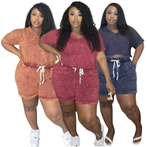 Plus Size Women Print Stretch Short Sleeve Top and Shorts Casual Two Piece Set
