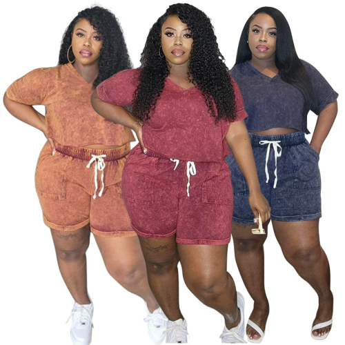 Plus Size Women Print Stretch Short Sleeve Top and Shorts Casual Two Piece Set
