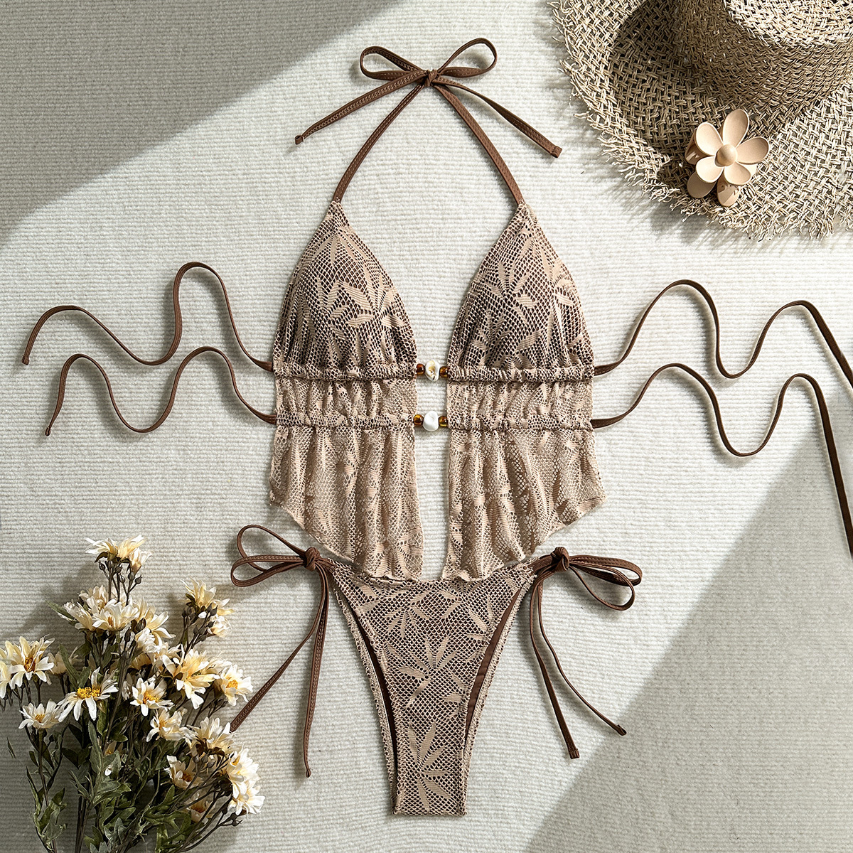 Crochet Hollow-Out Halter Tie-Waist Two-Piece Bikini for Summer
