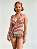 Women Halter Neck Striped V Neck Ribbed Romper