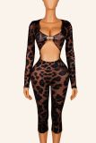 Women Summer Leopard Print Hollow-Out Jumpsuit