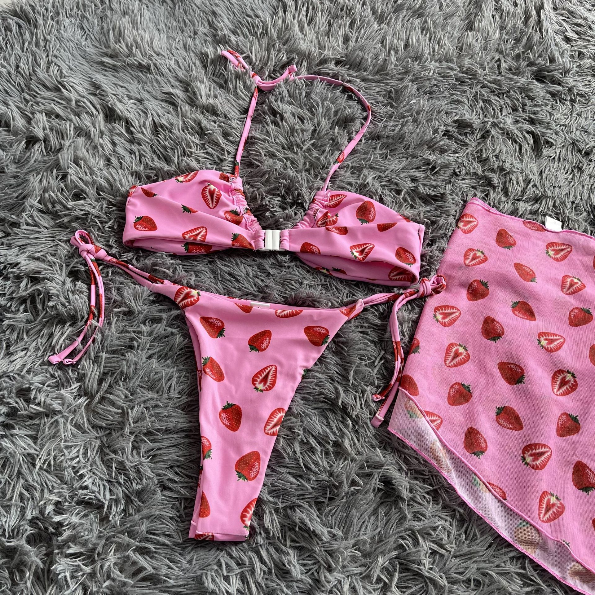 Mesh Drawstring Lace-Up Three-Piece Bikini Swimsuit