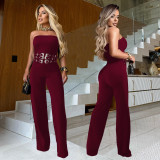 Women Casual Sexy Strapless Jumpsuit with Metal Buckles