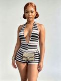 Women Halter Neck Striped V Neck Ribbed Romper