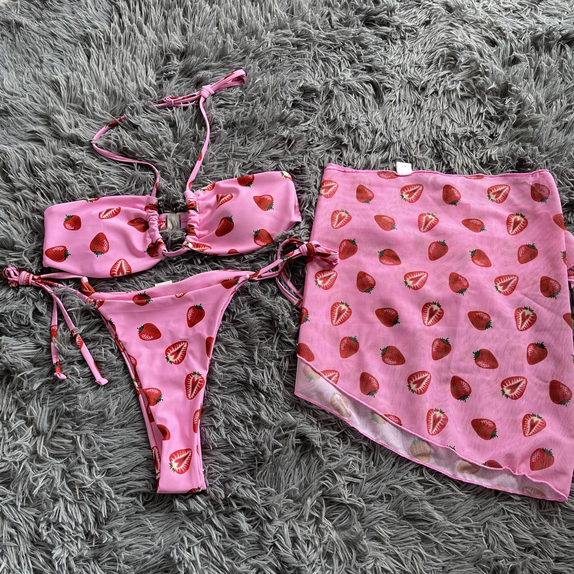 Mesh Drawstring Lace-Up Three-Piece Bikini Swimsuit