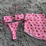 Women Mesh Drawstring Lace-Up Bikini Swimsuit Three-Piece