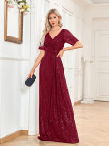 Formal Party Women's Sexy Sequin V-Neck Short Sleeve Fishtail Bridesmaid Long Dress（Processing time need 3-6 days）