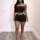 Women's Solid Strapless Crop Top Elastic Waist Shorts Two-Piece Set