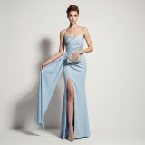 Sheer Lace Asymmetric Pleated High Slit Formal Evening Dress