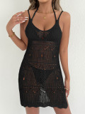 Sexy Hollow Knit Slit Beach Cover-Up Strap Dress