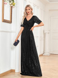 Formal Party Women's Sexy Sequin V-Neck Short Sleeve Fishtail Bridesmaid Long Dress（Processing time need 3-6 days）
