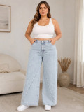 Plus Size Women's Washed Wide Leg Denim High Waist Loose Straight Leg Pants